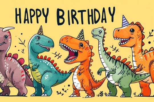 Happy Birthday with a group of cartoon dinosaurs on yellow background Generative AI