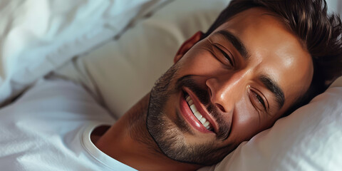 Joyful Latino Man Lying in Bed. Close-up portrait of smiling man lying in bed, background for bedding store. - obrazy, fototapety, plakaty