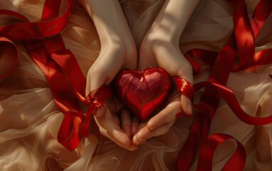 Heart in hand and red ribbons valentine's day gift . Generative  AI 