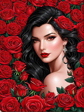 A picture of a girl with red eyes on a background of red roses