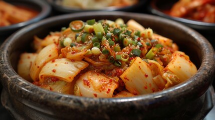 Fototapeta na wymiar Kimchi, a fermented side dish that is unique to Korea. Carefully prepared from Chinese cabbage or radish. Seasoned with chili, garlic and various spices.