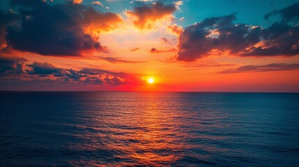 Naklejka na ściany i meble Sea sunset with sunset sun on sunset clouds