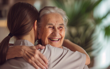 An elderly woman smiles with joy as she hugs her grandson