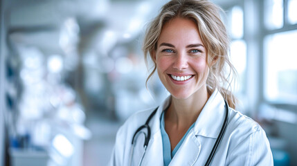 Portrait of a young smiling female doctor in a white coat with a stethoscope standing in a modern clinic. Confident young female pediatrician. Science, healthcare and medical care concept