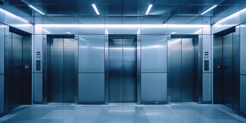 Modern Empty Elevator Interior. Symmetrical view of multiple empty elevator cabins with metal doors.