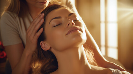 Naklejka premium Female physiotherapist, osteopath or a chiropractor adjusting patients neck. Physiotherapy, rehabilitation concept. Alternative medicine. Young beautiful woman at osteopath's appointment