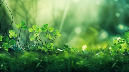 Four-leaf green clover, nature green background. Generative AI