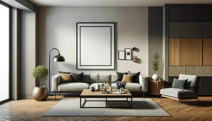 A modern living room with a gray sectional sofa, wooden accents, a floor lamp, and a large blank frame on a beige wall.Comfortable home concept.AI generated.