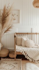 Childrens Kids Nursery Play Room Macrame Rattan | Boho Beige Minimal | Graphic Design Backdrop Background | Clear Space for Text | Interior Design
