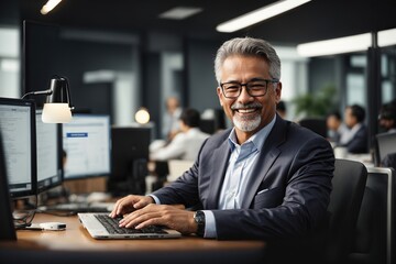 Modern Office: Portrait of Successful Middle Aged Bearded Corporate Businessman Working on a Laptop at his Desk, Looking at Camera, Smiling. Diverse Workplace with Professionals. Front View Shot