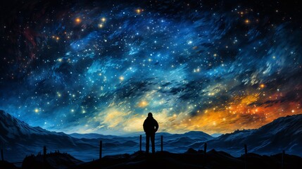 Fototapeta premium Hiker Gazing at the Starry Milky Way, Cosmic Adventure