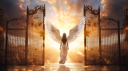 Angel with wings goes through the Golden Gates of heaven with sunshine in clouds. Life after death...