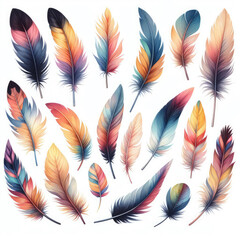 Fototapeta na wymiar Whimsical Wings: Colorful Feathers in Watercolor Illustration