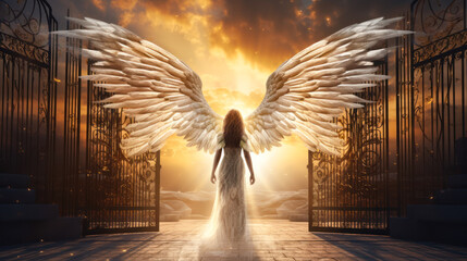 Angel with wings goes through the Golden Gates of heaven with dark and moody clouds. Life after death concept. The soul goes to Hell. Gates of Inferno, symbol of Christianity.