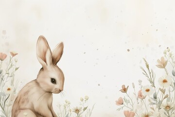 Obraz premium Watercolor Bunny Rabbit Theme Plain Backdrop Background | Open Space For Text | Cute Cottagecore Rustic | Beige Brown Neutral White Tones | Spring Flowers