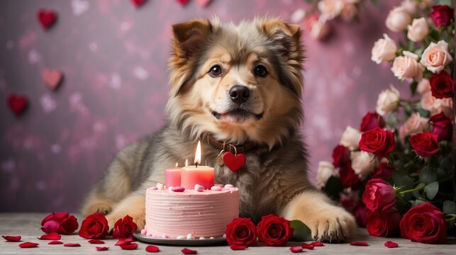 Cute lovely dog in a romantic background with cke and roses. Pet lover birthday, valentine, anniversary celebration.