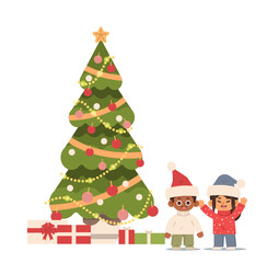 Naklejka premium Boy and a girl in sweaters and Santa hats stand near a Christmas tree on isolated background. Cartoon flat illustration