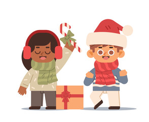 Happy boy and girl in Christmas clothes celebrate the holidays. Flat vector illustration