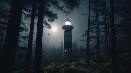 night in the park A lighthouse in a dark forest, where a werewolf is howling at the full moon.   - obrazy, fototapety, plakaty