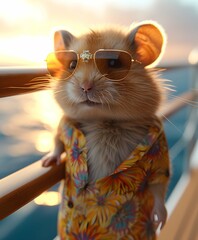 Photorealistic cute hamster on expensive yacht in a deep ocean