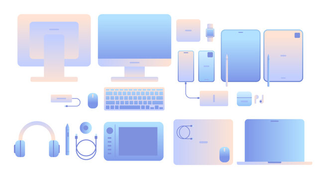 Set of modern gadgets in flat style on isolated background. Simple vector gradient icon illustration