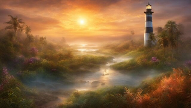 sunset over the city highly intricately detailed photograph of  Dawn s early morning mist surrounds the Bodie Island Lighthouse 