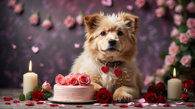 Cute lovely dog in a romantic background with cke and roses. Pet lover birthday, valentine, anniversary celebration.