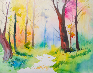 Nice watercolor painting of trees at slope of a field. Hand painted watercolor illustration.