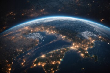 Obraz premium Internet network for fast data exchange over America from space, global telecommunication satellite around the world for IoT, mobile web, financial technology