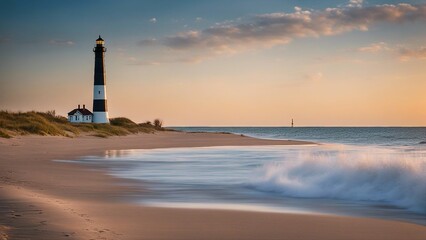 Obraz premium lighthouse at sunset Image of the Big Sable Point Lighthouse shoreline, 