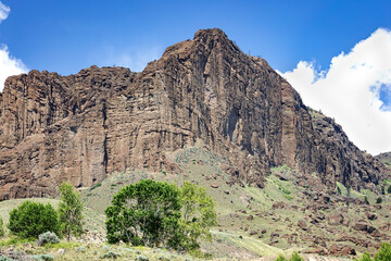 Fototapeta premium Mountain and canyon landscape with hills and trees during summer in northwest Wyoming plains wilderness Wyoming, USA