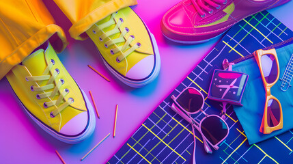 A retro flat lay of 80s inspired fashion and vibrant pop culture accessories on a neon-lit graphic background. - obrazy, fototapety, plakaty