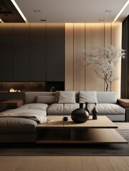 modern living room with white and light brown interior, in the style of dark themes, zen-like tranquility, subtle lighting contrasts, clean and simple designs