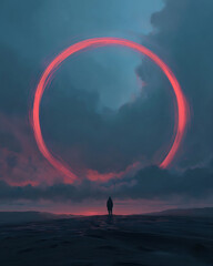 Person standing in front of a large circle of pink light