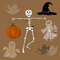 Happy Halloween set icons. Design elements for autumn holiday: ghosts, pumpkin,witch hat, skeleton.Vector cartoon illustration horror design