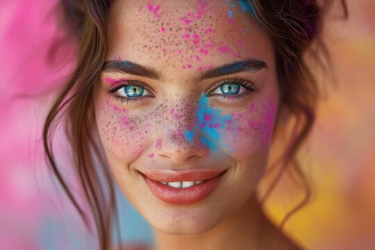 A portrait capturing a young woman rejoicing in the Holi color festival