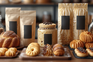 A sophisticated bakery product branding mockup, featuring a range of sweet delights