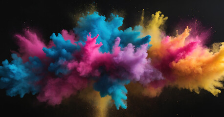 A vibrant explosion of golden dust creates a mesmerizing and colorful abstract pattern against a black background, evoking a sense of energetic celebration and creativity.