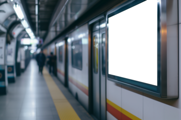 Blank billboard indoors of metro or airport hall, advertising transparent mock up, public information board. Blur Background 