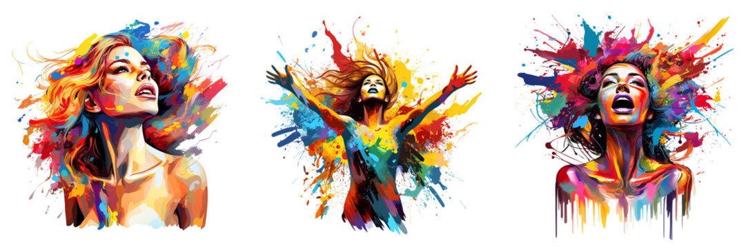 Set of powerful woman surrounded by vibrant color splashes, vector art on a transparent background