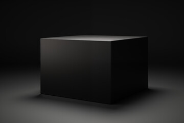 A matte black square box presented in a dramatic spotlight on a dark studio background, showcasing a modern design aesthetic