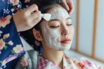 
Japanese, young woman, photo Cosmetologist applying special white cream to patient