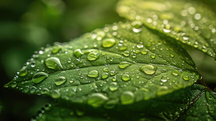 Close up of water droplets on vibrant fresh green leaves background