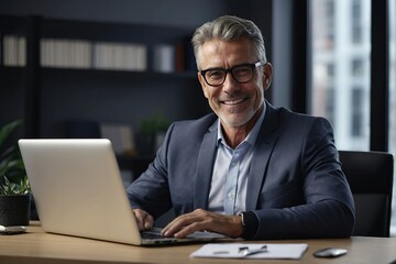 Modern Office: Portrait of Successful Middle Aged Bearded Corporate Businessman Working on a Laptop at his Desk, Looking at Camera, Smiling. Diverse Workplace with Professionals. Front View Shot
