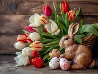 Obraz na płótnie Canvas Easter Scene Bunny with Eggs and Tulips