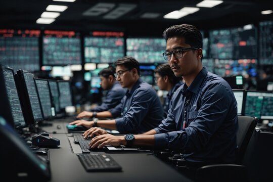 System Security Specialist Working at System Control Center. Room is Full of Screens Displaying Various Information