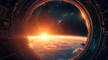 Fotobehang spaceship round window with sunrise over planet view, space station porthole illuminator with planetary sunset view, astronomy background © Jennifer