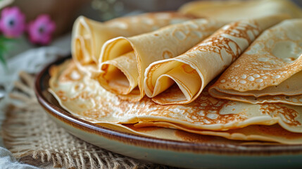 Thin pancakes. traditional Russian dish blini close up. Maslenitsa Pancake week celebration.. - obrazy, fototapety, plakaty