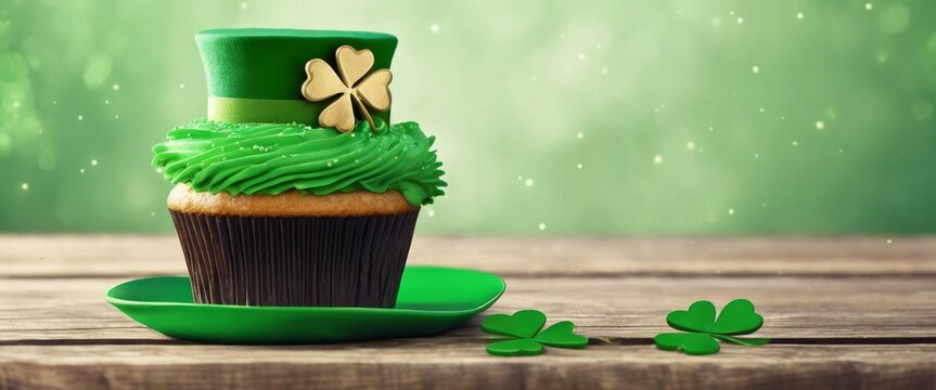 Festive cupcake with a green hat and shamrock decorations, celebrating St. Patrick’s Day.