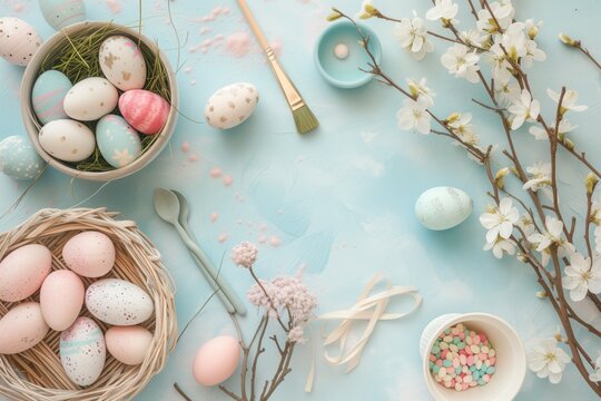 Pink Blue Cream Pastel Speckled Painted Easter Egg Crafts | Spring Theme Linen Table | Farmhouse Table Meal Lunch Party Display | Branches Leaves Floral Flowers | Rustic Cottagecore